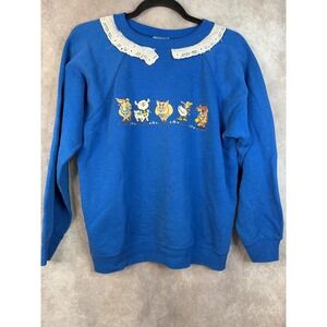 VTG 80s Old McDonald Crewneck Sweatshirt Women's Large Farm Animals Lace Collar
